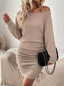 SHEIN LUNE Cổ không đối xứng Bên dây rút Váy bodycon - Màu Khaki - Xem 4