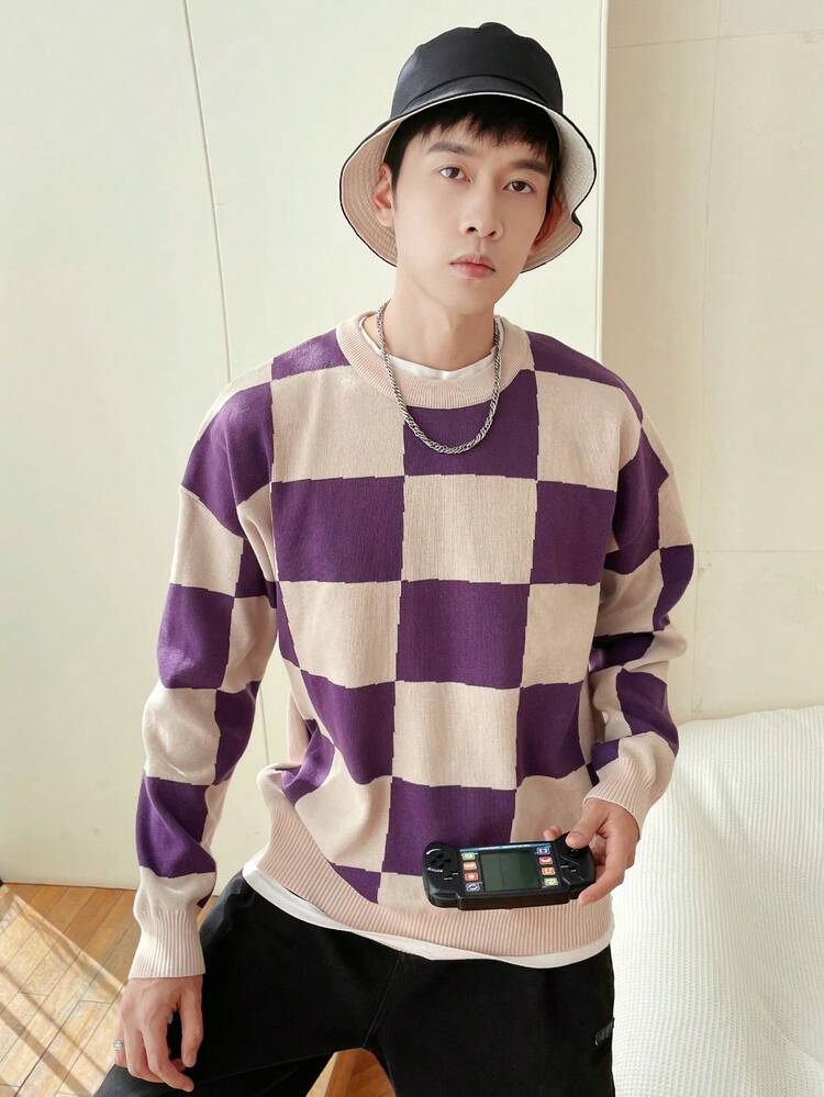 Men's Oversized Checker Pattern Drop Shoulder Sweater