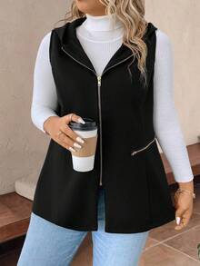 EMERY ROSE 大碼拉鏈開襟連帽外套馬甲 - 黑色 - 查看 5