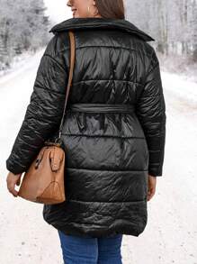 SHEIN LUNE Plus Solid Slant Pocket Belted Padded Padded Coat Clothes Winter - Black - View 2