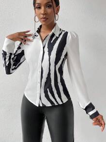 SHEIN Slayr 女裝條紋拼色泡泡袖襯衫 - 黑與白 - 查看 3
