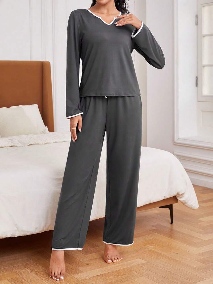 Women's Color-block Border Leisure & Homewear Set - Dark Grey - View 4