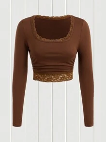 SHEIN EZwear Mảnh Lace Xếp li Áo thun - màu nâu - Xem 1