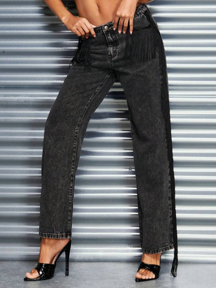 Low Rise Jeans & Fringed Decoration Ladies' Denim Pants For Nightclub Party
