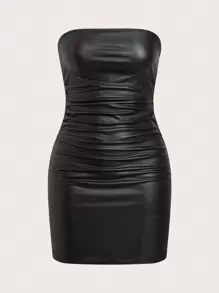 SHEIN ICON 女士PU皮革修身單色筒裝連衣裙 - 黑色 - 查看 1