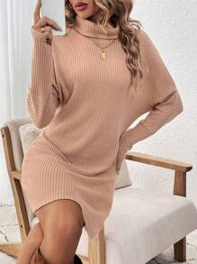 SHEIN LUNE Ribbed High Neck Long Sleeve Sweater Dress - Apricot - View 1