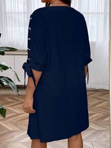 Plus Pearls Beaded Scallop Trim Knot Cuff Dress - Blue - View 3