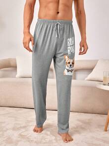 男式彈性腰家居褲,帶有字母和小狗圖案 - 灰色 - 查看 3