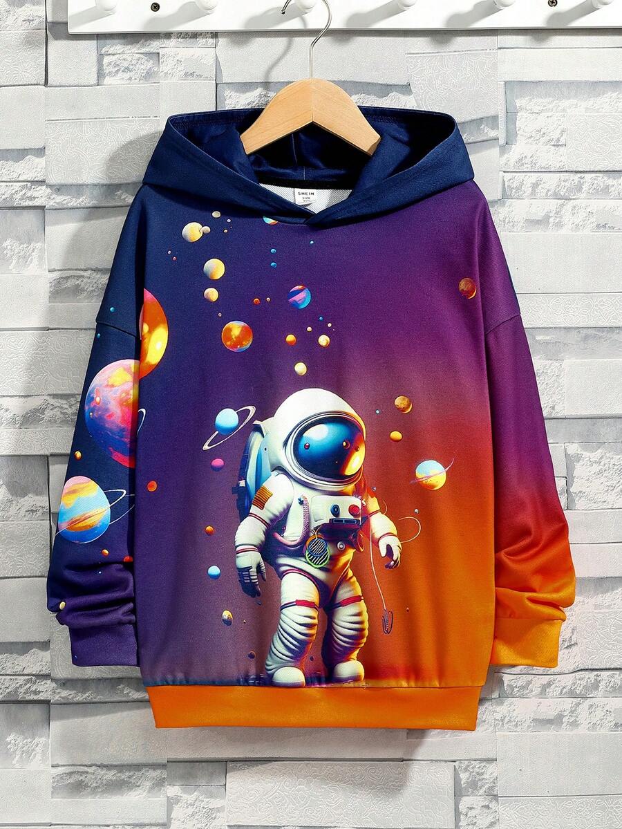 SHEIN Tween 男孩休閒連帽運動衫,太空人和外太空元素印花針織寬鬆款 - 彩色 - 查看 1