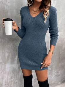SHEIN Clasi Ladies' Solid Color Knit Sweater Dress - Dusty Blue - View 5