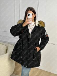 SHEIN LUNE Plus Drawstring Waist Fuzzy Trim Hooded Parka Padded Coat Clothes Winter Thermal Fall Cloth For Women - Black - View 3