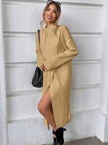 SHEIN Essnce Women's Solid Color Button Detail Wrap Front Cardigan - Apricot - View 4