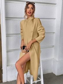 SHEIN Essnce Women's Solid Color Button Detail Wrap Front Cardigan - Apricot - View 6