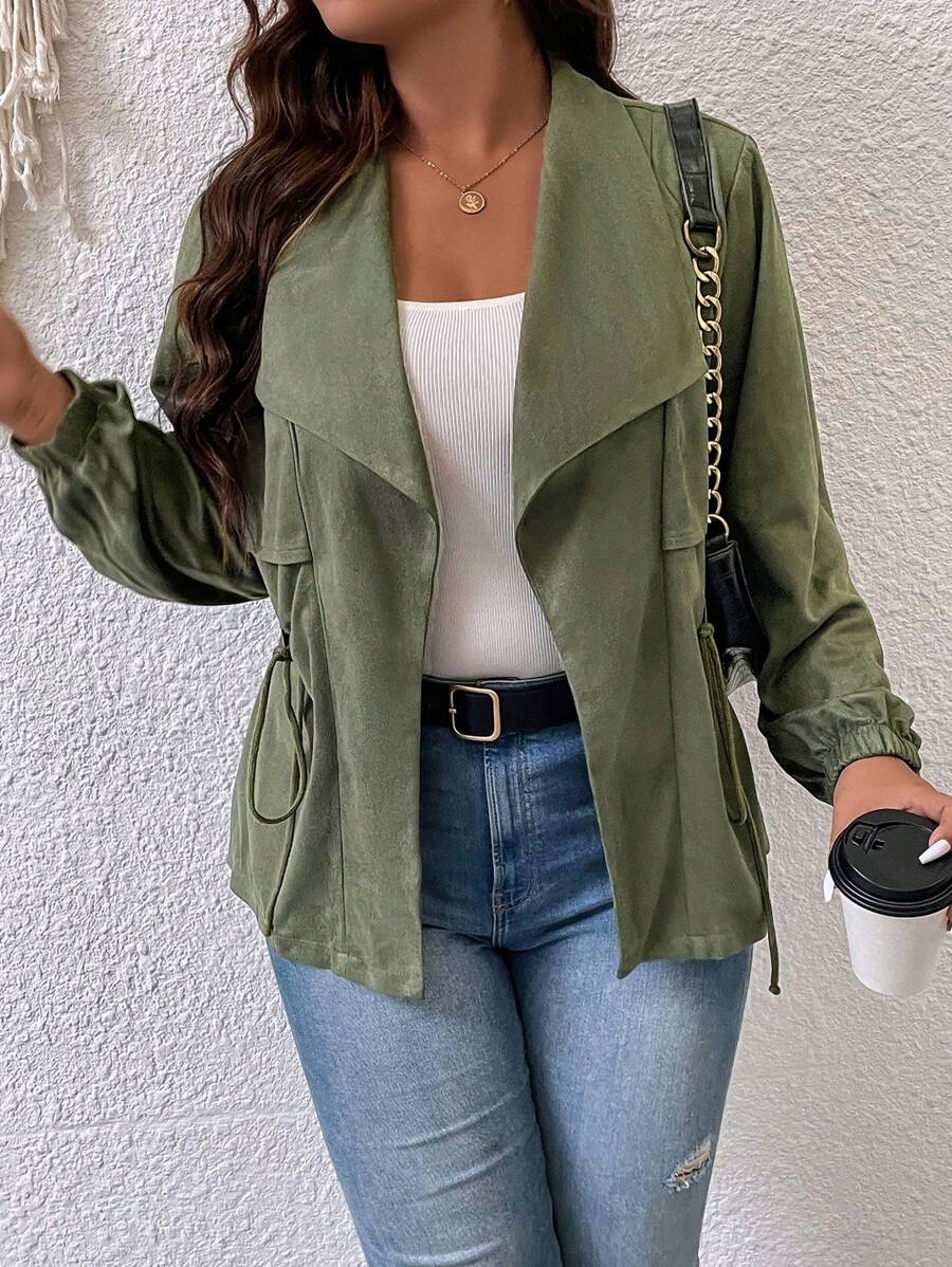 SHEIN LUNE 女式大碼純色尖領外套 - 軍綠色 - 查看 1