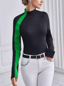 SHEIN Privé Women's Stand Collar Contrast Color T-shirt - Multicolor - View 3