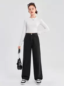 SHEIN Cô gái Phù hợp thường Eo đàn hồi Quần legging thẳng Không có Co giãn - màu đen - Xem 4