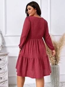 SHEIN LUNE Hơn Cổ vuông Tay áo lồng đèn Xù Hoa Sen Đầm - Đỏ - Xem 2