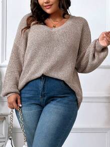 SHEIN LUNE Women'S Plus Size Drop Shoulder Knitted Sweater - Brown - View 1