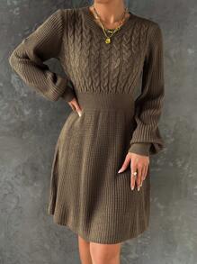 SHEIN Frenchy Lantern Sleeve Cable Knit Sweater Dress - Mocha Brown - View 6