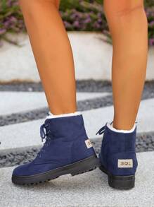 Bốt cổ ngắn màu đen chống trượt ấm áp mùa đông cho nữ cỡ lớn mùa thu/đông - Màu xanh lam - Xem 2