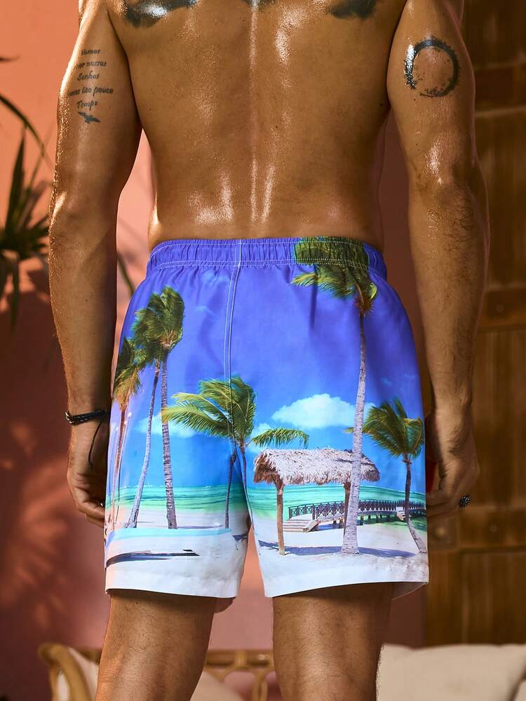 Men's Tropical Print Drawstring Waist Beach Shorts