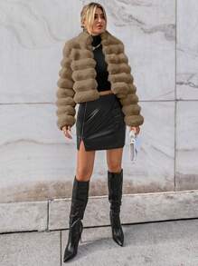 SHEIN Privé 女士純色毛絨大衣 - 卡其色 - 查看 5