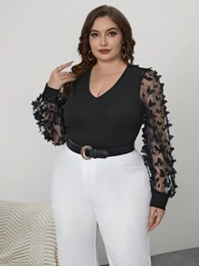 SHEIN Privé Kích thước lớn Lưới Nối Bướm đính Áo thun - màu đen - Xem 5