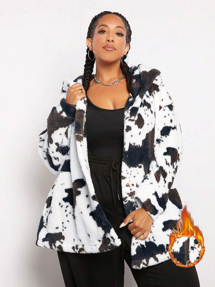 SHEIN CURVE+ 加奶牛圖案落肩連帽泰迪大衣 - 彩色 - 查看 1