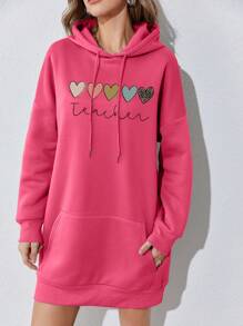 SHEIN EZwear Women's Heart Print Hoodie Dress - Hot Pink - View 6