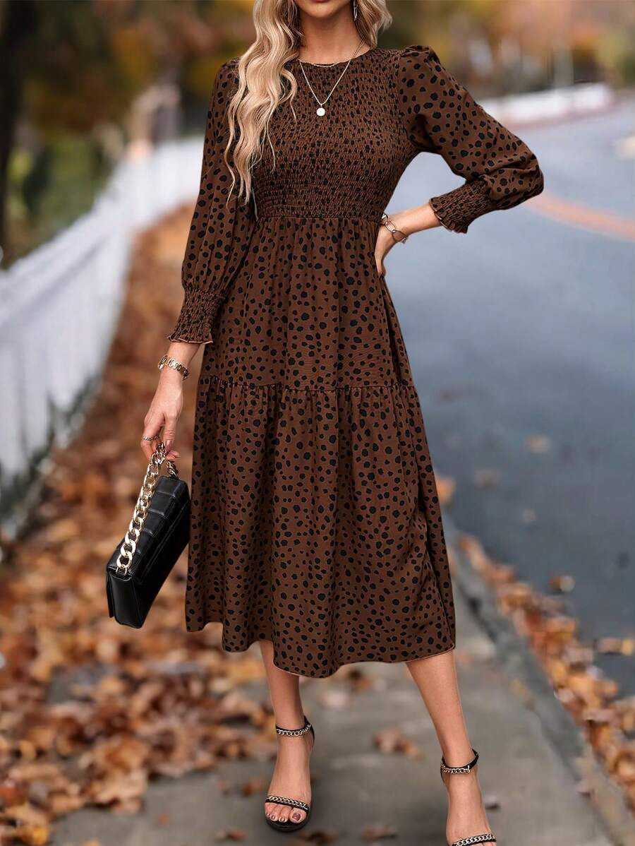 SHEIN LUNE 女士半袖燈籠袖長款連衣裙 - 棕色 - 查看 1