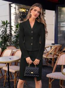 SHEIN Frenchy Women'S Cape Collar Single Button Suit Jacket And Split Hem Skirt Set - Black - View 1
