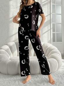 Moon And Stars Print Loungewear Set - Black - View 5