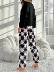 Letter Print Long Sleeve Top And Plaid Pants Pajama Set - Black - View 2
