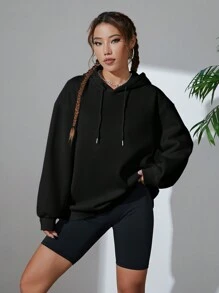 SHEIN Essnce 女式標語與山紋印花連帽運動衫 - 黑色 - 查看 3