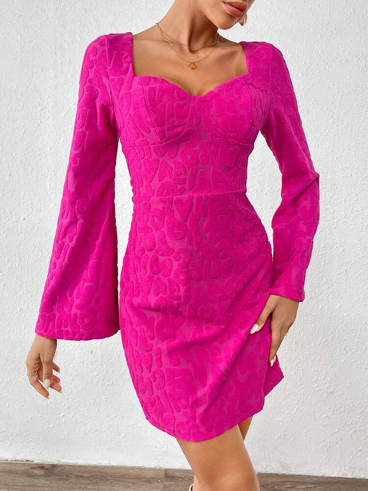 Women's A-line Dress With Lantern Sleeves, Embossed Letter Detail And Sweetheart Neck