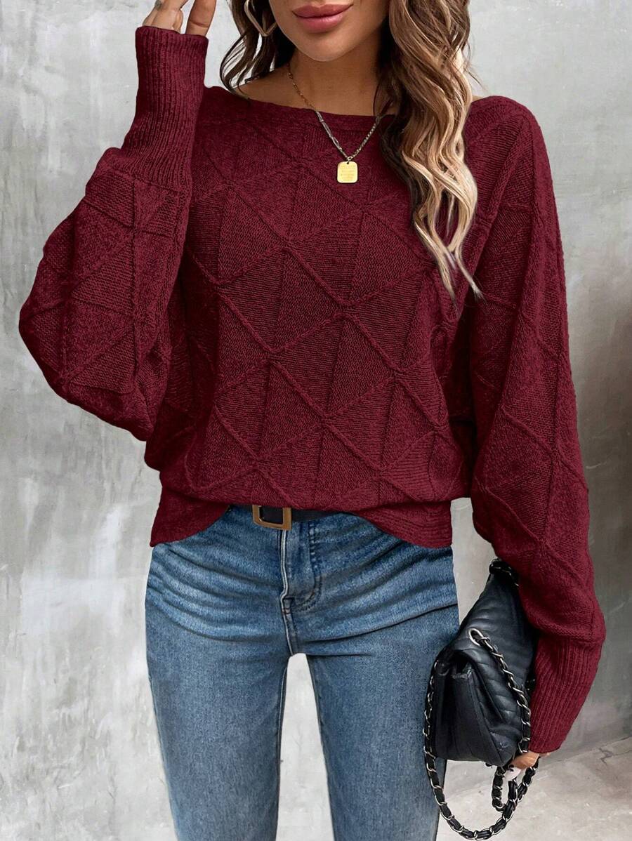 SHEIN LUNE Solid Color Jacquard Casual Sweater,Long Sleeve Tops Knit Pullover Fall Winter Sweater - Burgundy - View 1