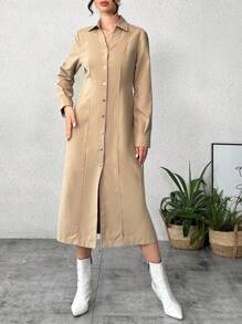 SHEIN Essnce Artificial Suede Midi Dress - Khaki - View 5