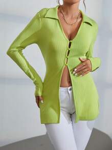 SHEIN Essnce Của phụ nữ màu trơn Mặt trước Nút Áo thun - màu xanh lá - Xem 5