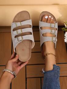 女平底涼鞋/拖鞋,三排扣,露趾沙灘鞋 - 灰色 - 查看 1