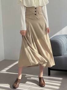 FRIFUL Của phụ nữ Cao eo Chi tiết Nút Váy - Màu Khaki - Xem 6