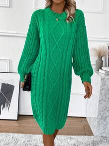 SHEIN LUNE Solid Color Woolen Drop Shoulder Sweater Dress - Green - View 6