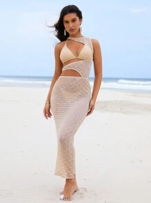 SHEIN Swim Women's Hollow Mesh Bikini Set Suit Summer Beach - Khaki - View 5