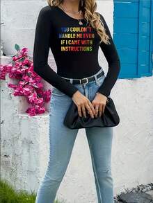 SHEIN LUNE Letter Printed Bodysuit - Black - View 5