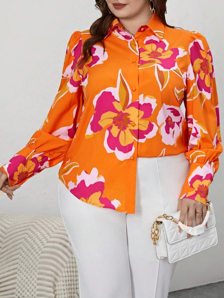 SHEIN Privé Plus Size Women Floral Print Long Sleeve Single Breasted ...