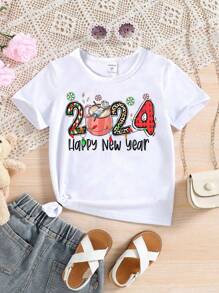 SHEIN Girls' Short Sleeve T-shirt With Fun Letter Print - White - View 1