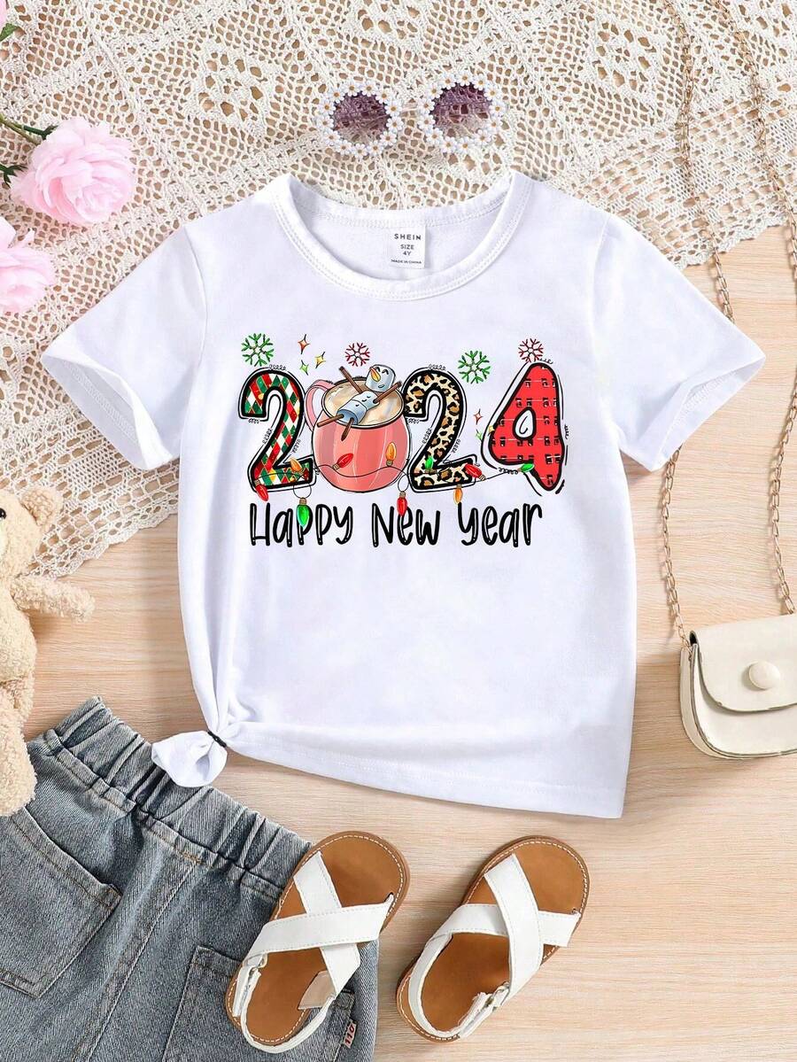 SHEIN Girls' Short Sleeve T-shirt With Fun Letter Print - White - View 1