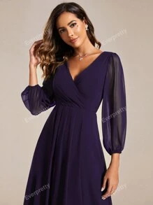 Elegant V-Neck Lantern Sleeve Wedding Guest Dress, Bridesmaid Dress