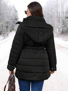 SHEIN LUNE Plus Zip Up Snap Button Belted Padded Padded Coat Clothes Winter - Black - View 2