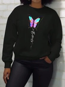 SHEIN Slayr Butterfly Printed Drop Shoulder Fleece Long Sleeve Sweatshirt - Black - View 1