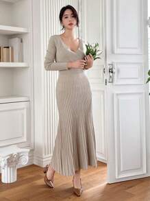 DAZY Women's Solid Color Pleated Hem Sweater Dress,Fall Women Clothes - Apricot - View 2